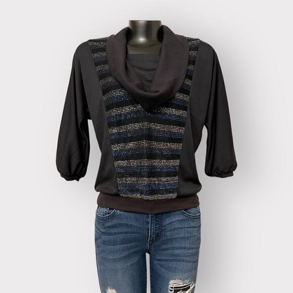 LA Reaction VINTAGE Cowl Neck 1/2 Sleeve Blouse sz S Metallic Stripe Top Black - Picture 1 of 10